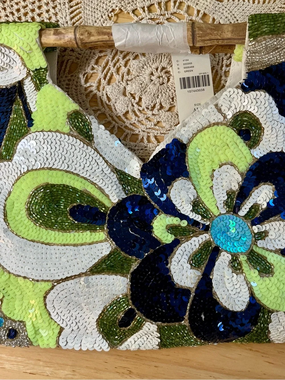 Anthropologie Sequin Floral Bamboo Handbag